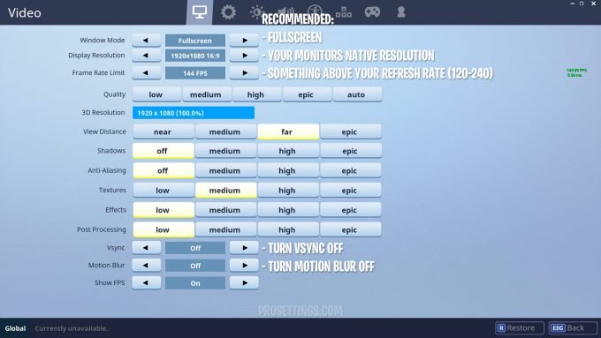 Recommended Fortnite Video Settings