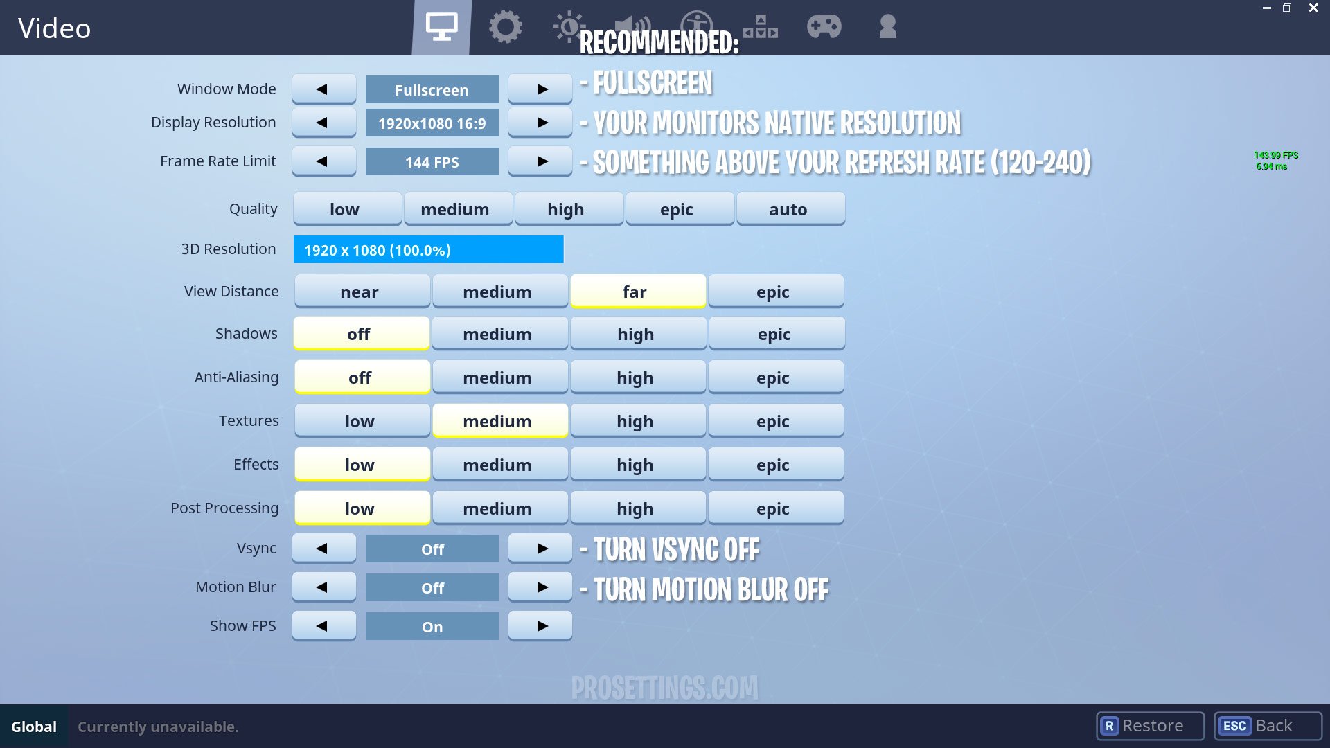 recommended fortnite video settings - how to lower ping on fortnite pc