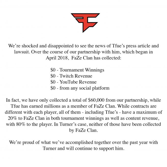 FaZe clan Twitter statement regarding Tfue lawsuit